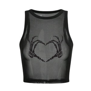 Skeleton Heart Hands - Black Mesh Cropped Tank Top - Cute Graphic Tee - Halloween Fashion - Women&#39;s Clothing - Pop Culture- Spooky Season