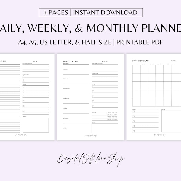 Daily Planner, Weekly Planner, Monthly Planner, Printable Planner, Planner Set, Planner Inserts, Undated Minimalist Download, 4 Sizes