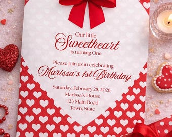 Sweetheart 1st Birthday Invitation | Red Heart Bow | Editable 5x7 Canva Template