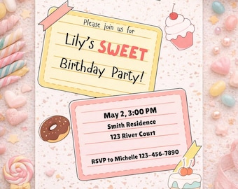 Sweet Three Birthday Invitation | Editable 5x7 Canva Template