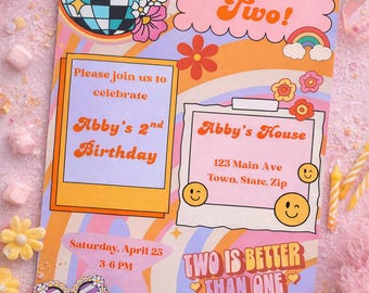 Totally 2 Groovy Birthday Invitation | Editable 5x7 Canva Template