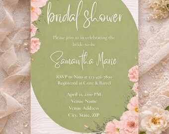 Floral Sage Green Bridal Shower Invitation | Editable 5x7 Canva Template