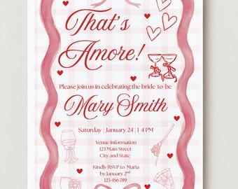 Italian That’s Amore Bridal Shower Invitation | Red Gingham, Hearts (Editable Canva Template)