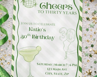 Cheers to Thirty Years | 30th Birthday Invitation Template | Editable 5x7 Canva Invite