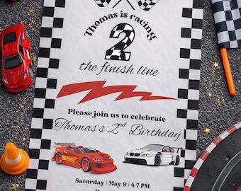 Race Car 2nd Birthday Invitation | Racing 2 To The Finish Line | Editable 5x7 Canva Template