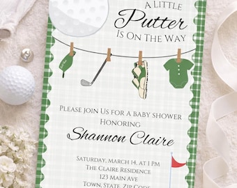 Golf Baby Shower Invitation | Green Gingham, Editable Canva Template