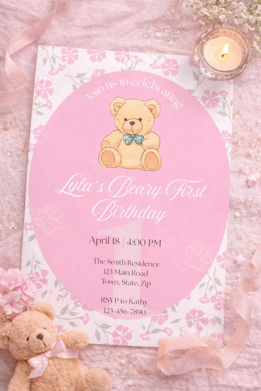 Pink Teddy Bear First Birthday Invitation | Editable 5x7 Canva Template ...