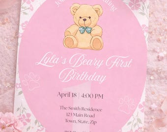 Pink Teddy Bear First Birthday Invitation | Editable 5x7 Canva Template