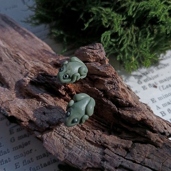 Realistic small frog earrings. Cottagecore miniature frog studearrings. Polymer clay, real 18k gold plated steel suds. hypoalergic jewellery