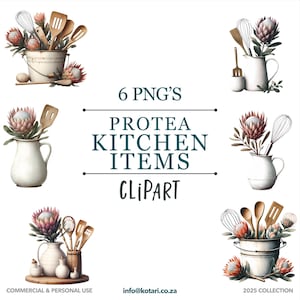 Puede incluir: Seis ilustraciones digitales de artículos de cocina con flores de protea. Las ilustraciones incluyen una jarra blanca, un cubo de metal y varios utensilios de cocina como batidores, espátulas y cucharas. El texto "6 PNG's Protea Kitchen Items Clipart" se muestra en el centro de la imagen.