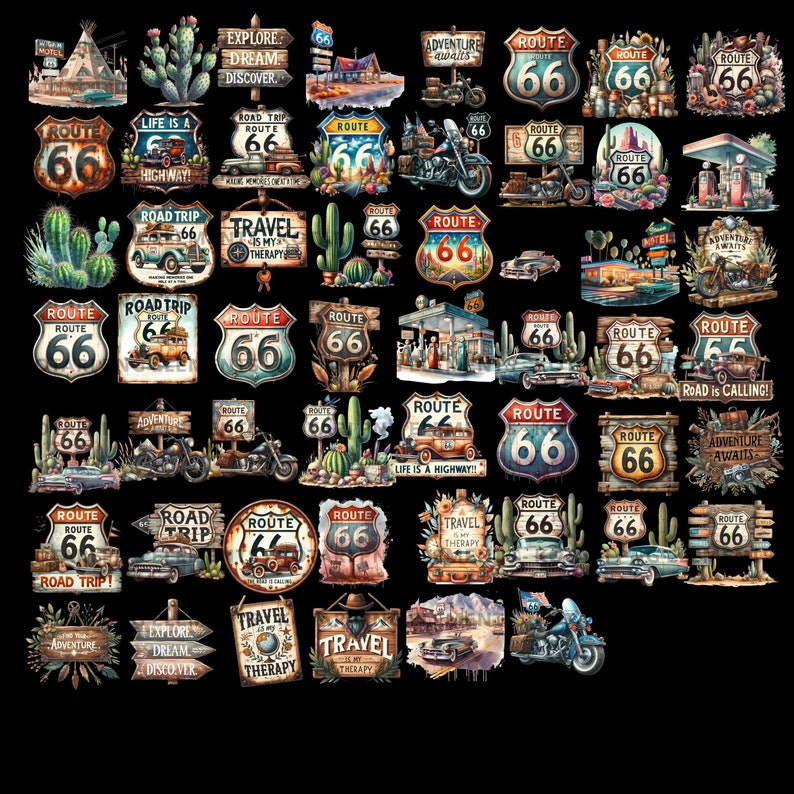 May include: A collection of colorful Route 66 themed illustrations featuring vintage signs, cacti, motorcycles, cars, and travel-related text. The illustrations are in a watercolor style and have a retro feel.