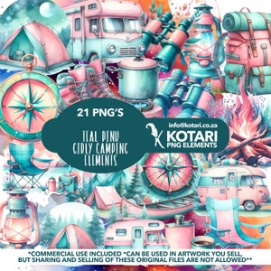 May include: Teal and pink watercolor illustrations of camping equipment, including a camper van, a canoe, a compass, a lantern, a backpack, binoculars, and a campfire. The text "21 PNG'S" and "TEAL PINK GIRLY CAMPING ELEMENTS" is included in the image.