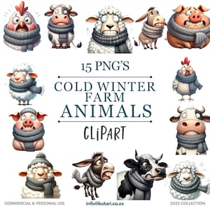 May include: A set of 15 winter farm animal clipart images. The animals are wearing scarves and are in various poses. The text "15 PNG's COLD WINTER FARM ANIMALS CLIPART" is at the top of the image. The text "COMMERCIAL & PERSONAL USE" is at the bottom left of the image. The text "info@kotari.co.za" is at the bottom centre of the image. The text "2025 COLLECTION" is at the bottom right of the image.