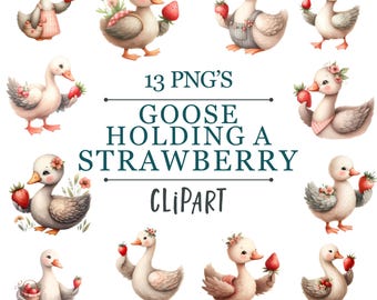 Whimsical Goose Holding a Strawberry - Transparent PNG Clipart - Commercial Use