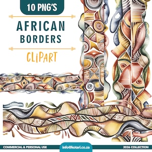 May include: Watercolor clipart set featuring African borders in various designs. The borders showcase geometric patterns and organic shapes in earthy tones of brown, yellow, and blue. The text "African Borders Clipart" is displayed.