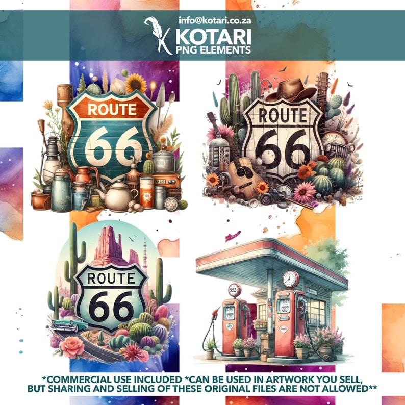 May include: Four watercolor illustrations of Route 66 themed imagery. The first image features a Route 66 sign with cacti, flowers, and vintage items. The second image features a Route 66 sign with a guitar, flowers, and cacti. The third image features a Route 66 sign with a car driving on a road with cacti and mountains in the background. The fourth image features a vintage gas station with red gas pumps and flowers.