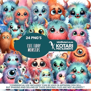 May include: A collection of 24 digital illustrations of cute, colorful, furry monsters. Each monster has large eyes and a unique design. The illustrations are perfect for adding a whimsical touch to any project.