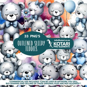 May include: A collection of watercolor-style illustrations of gray teddy bears with closed eyes, wearing bow ties and holding flowers or balloons. The image includes the text "33 PNG'S" and "OUTLINED SLEEPY TEDDIES".