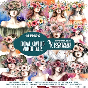 May include: A collection of 14 digital illustrations of women's faces covered with colorful flowers. The images are in PNG format and are perfect for use in digital art projects.  The text "14 PNG'S FLORAL COVERED WOMEN FACES info@kotari.co.za KOTARI PNG ELEMENTS" is included in the image.