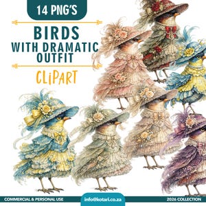 May include: A collection of 14 PNG clipart images featuring birds in elaborate, vintage-style outfits. The birds are adorned with ruffled dresses and ornate hats in pastel colors like pink, blue, and green. Text includes "Birds with Dramatic Outfit" and "Clipart".