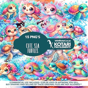 May include: A set of 15 digital illustrations of cute cartoon sea turtles in various poses and colors. The turtles are surrounded by water and coral reefs. The text "15 PNG'S CUTE SEA TURTLES" is displayed in the center of the image. The text "info@kotari.co.za KOTARI PNG ELEMENTS" is displayed in the upper right corner of the image.