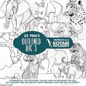 May include: A set of 23 black and white line drawings of the Big 5 animals: elephant, rhinoceros, lion, buffalo, and leopard. The drawings are outlined and ready to be coloured. The text "23 PNG'S OUTLINED BIG 5" is in the centre of the image.