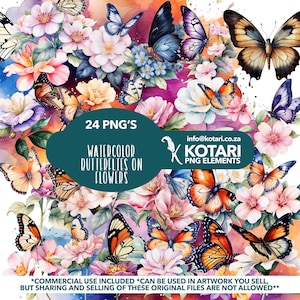 May include: A digital download of 24 watercolour butterfly PNG images. The butterflies are in various colours and poses, and are set against a background of watercolour flowers. The text "24 PNG'S" is in a teal box at the top of the image. The text "WATERCOLOUR BUTTERFLIES ON FLOWERS" is in a teal box in the centre of the image. The text "info@kotari.co.za" is in a white box at the top right of the image. The text "XKOTARI PNG ELEMENTS" is in a white box at the bottom right of the image.