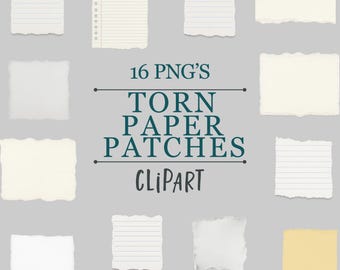 May include: A collection of sixteen torn paper patches in various shapes and sizes, some with lined paper and others blank. The text "16 PNG'S TORN PAPER PATCHES CLIPART" is displayed in the center of the image.
