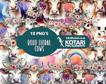 Boho Floral Cows - Transparent PNG Clipart - Commercial use