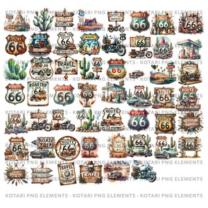 May include: A collection of 36 watercolor illustrations featuring Route 66 signs, cacti, vintage cars, motorcycles, and other Americana imagery. The illustrations are in a vintage style with a faded, distressed look.