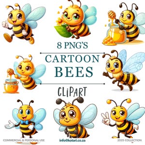 May include: A collection of eight cartoon bee clip art images. Each bee is yellow and black with blue wings, and various poses. The text "8 PNG'S", "CARTOON BEES", and "CLIPART" is displayed.