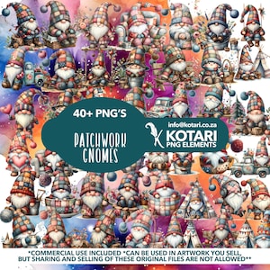 Może przedstawiać: Zbiór ponad 40 cyfrowych obrazów clipart przedstawiających gnomy w patchworku w różnych pozach i ustawieniach. Gnomy są przedstawione w fantazyjnym stylu z kolorowymi patchworkowymi ubraniami i dodatkami. Tekst "40+ PNG'S PATCHWORK GNOMES" jest wyświetlany w środku obrazu. Tekst "info@kotari.co.za KOTARI PNG ELEMENTS" jest wyświetlany w prawym dolnym rogu obrazu.