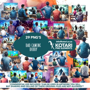 May include: A collage of 29 digital illustrations depicting dads and their children playing video games. The illustrations are in a watercolor style and feature a variety of popular video games. The text "29 PNG'S" and "DAD GAMING BUDDY" is displayed in a green circle. The text "info@kotari.co.za" and "KOTARI PNG ELEMENTS" is displayed in a white circle with a feather icon.