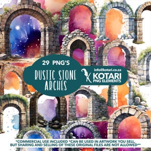 May include: A collection of 29 digital images of rustic stone arches. The arches are rendered in a watercolor style with a variety of colorful backgrounds. The images are perfect for use in digital art and design projects.