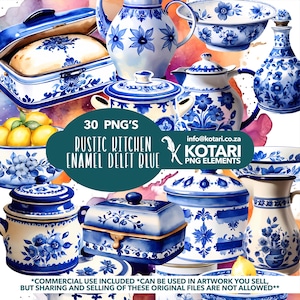 May include: A collection of 30 blue and white ceramic kitchenware items, including a teapot, sugar bowl, creamer, bread bin, and bowls. The items are decorated with a floral pattern and have a rustic, vintage look. The text "30 PNG'S RUSTIC KITCHEN ENAMEL DELFT BLUE" is visible in the image.