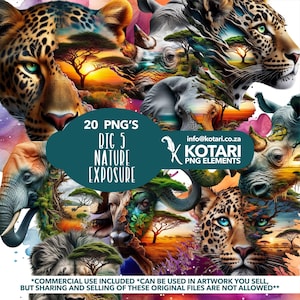 May include: A digital collage of 20 images featuring the Big 5 animals of Africa: lion, elephant, leopard, rhinoceros, and buffalo. The images are set against a colorful background with trees, sunset, and water. The text "20 PNG'S BIG 5 NATURE EXPOSURE" is displayed in the center of the image. The text "info@kotari.co.za KOTARI PNG ELEMENTS" is displayed in the bottom right corner of the image.