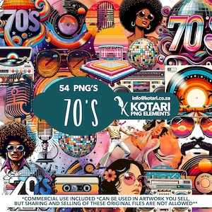 Peut inclure: Une collection de 54 graphiques numériques sur le thème des années 70, comprenant une boule disco, un boombox rétro, des lunettes de soleil, un microphone et un tourne-disque. Les graphiques sont dans une palette de couleurs vives de rose, orange, jaune, bleu et vert.