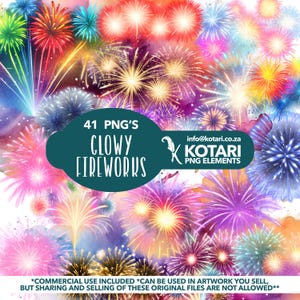 Peut inclure: Une collection de 41 images numériques de feux d'artifice brillants dans différentes couleurs, notamment le rouge, le jaune, le bleu, le violet et le vert. Les images sont sur un fond aquarelle. Le texte "41 PNG'S GLOWY FIREWORKS" est affiché au centre de l'image. Le texte "info@kotari.co.za KOTARI PNG ELEMENTS" est affiché dans le coin inférieur droit de l'image.