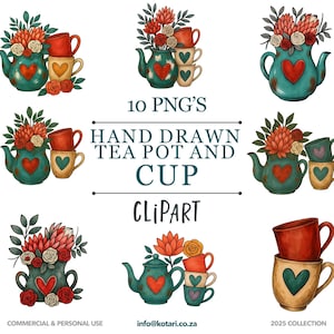 Puede incluir: Un conjunto de imágenes prediseñadas digitales con teteras y tazas dibujadas a mano. Las teteras son de color verde azulado con diseños de corazón rojo, y las tazas están apiladas en varios colores. Arreglos florales adornan las teteras. El texto incluye "10 PNG'S".