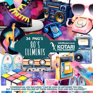 May include: A collection of 34 80's themed digital clipart elements, including a boombox, cassette tape, roller skates, a Rubik's cube, a disco ball, a phone, and sunglasses. The text "34 PNG'S 80'S ELEMENTS" is in a teal circle.