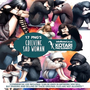 Pode incluir: Um conjunto de 17 ilustrações digitais de mulheres em várias poses, todas com expressões tristes. As mulheres são desenhadas em estilo de desenho animado com fundos de aquarela. As ilustrações estão disponíveis como arquivos PNG e são para uso comercial. O texto "17 PNG'S GRIEVING SAD WOMAN KOTARI PNG ELEMENTS info@kotari.co.za" está incluído na imagem.