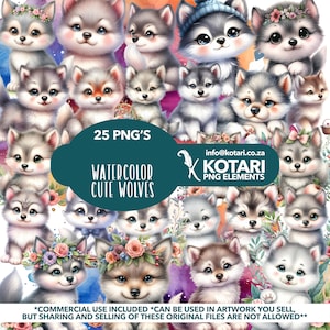 Puede incluir: Un conjunto de 25 ilustraciones de acuarela de lobos lindos. Los lobos se representan en varias poses y expresiones, algunos con flores o sombreros. Las ilustraciones son perfectas para agregar un toque de fantasía a cualquier proyecto.