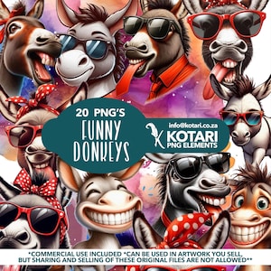 Puede incluir: Una colección de 20 ilustraciones digitales de burros divertidos con gafas de sol y bandanas. Los burros tienen diferentes expresiones y están colocados sobre un fondo colorido. El texto "20 PNG'S FUNNY DONKEYS" se muestra en un cuadro verde. El texto "info@kotari.co.za KOTARI PNG ELEMENTS" se muestra en un cuadro blanco con un icono de pluma.