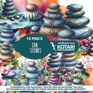 May include: A digital illustration of 15 spa stones in various stacked arrangements. The stones are gray and brown with a watercolor effect. The image includes flowers, leaves, and other spa-related elements. The text "15 PNG'S SPA STONES info@kotari.co.za KOTARI PNG ELEMENTS" is included in the image.