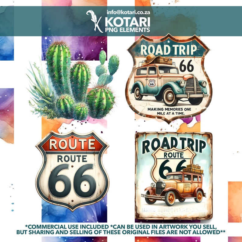 May include: Four vintage-style Route 66 signs with a watercolor background. Two signs feature a classic car with the text "Road Trip" and "Route 66". The other two signs feature the text "Route 66" in a red circle with a white background.