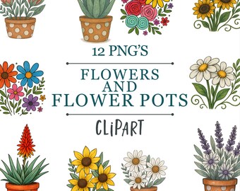 May include: A digital illustration featuring various flowers and flower pots. The image includes sunflowers, daisies, and other colorful blooms in terracotta pots with white polka dots. Text reads "12 PNG'S FLOWERS AND FLOWER POTS CLIPART."