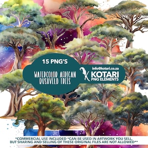 May include: Watercolor painting of 15 African bushveld trees in various shades of green, brown, and yellow. The trees are set against a colorful background of pink, purple, and orange watercolor washes. The text "15 PNG'S" and "WATERCOLOR AFRICAN BUSHVELD TREES" is displayed in a teal box.