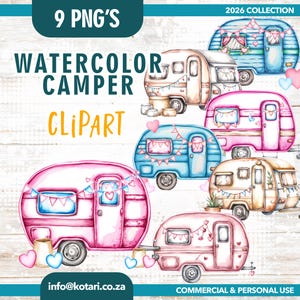 Puede incluir: Clipart de caravanas en acuarela en varios colores, incluyendo rosa, azul y beige. Cada caravana está decorada con banderines y corazones. La imagen incluye el texto "9 PNG'S", "WATERCOLOR CAMPER CLIPART" y "2026 COLLECTION".