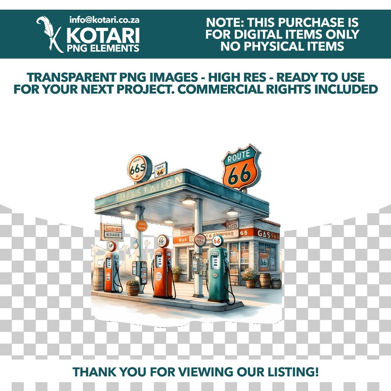 May include: A vintage gas station with a green and white awning, a Route 66 sign, and three gas pumps. The gas station is set against a checkered background.