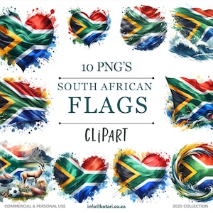 Puede incluir: Un conjunto de 10 imágenes de clipart digitales que presentan la bandera sudafricana en varios estilos. Las banderas se representan en diseños con aspecto de acuarela, incluyendo una forma de corazón, un remolino y una bandera ondeando. El texto "10 PNG's South African Flags Clipart" se muestra en el centro de la imagen.